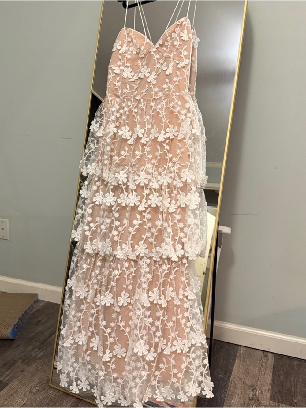 Endless Rose white floral appliqué over nude cocktail dress